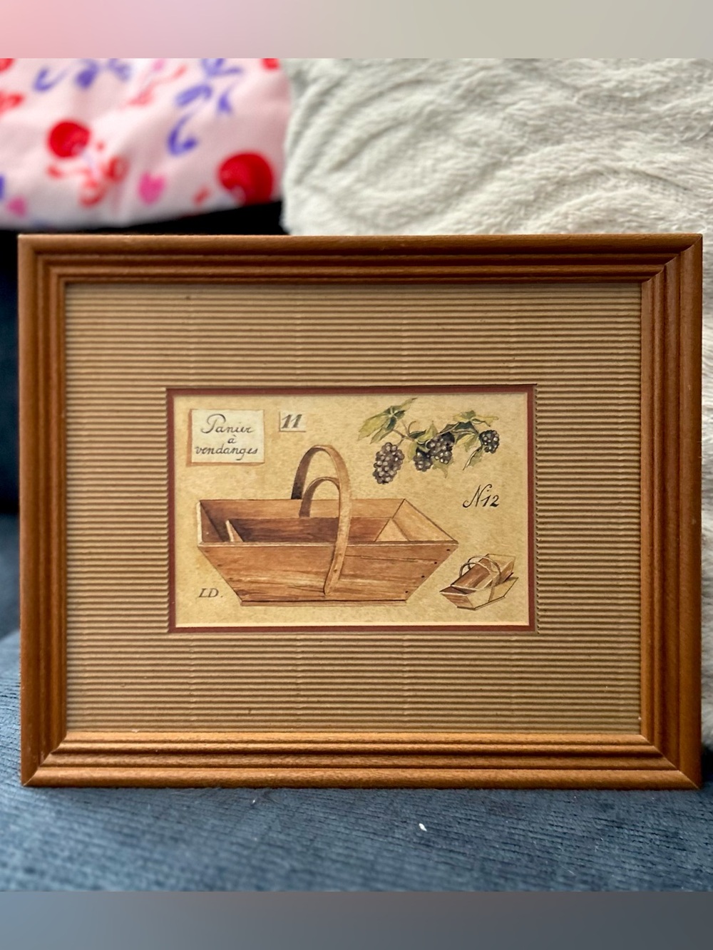 Vintage French Framed Print of a Wooden Basket with Grapes + Herbs